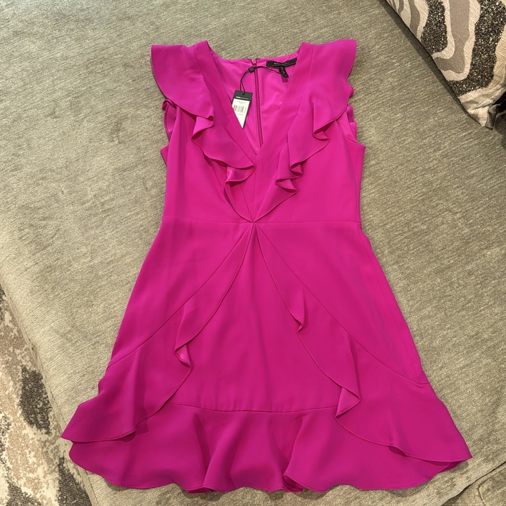 NWT BCBGMaxazria Pink Fuschia Ruffle Cocktail Mini Dress Sleeveless Sz 10